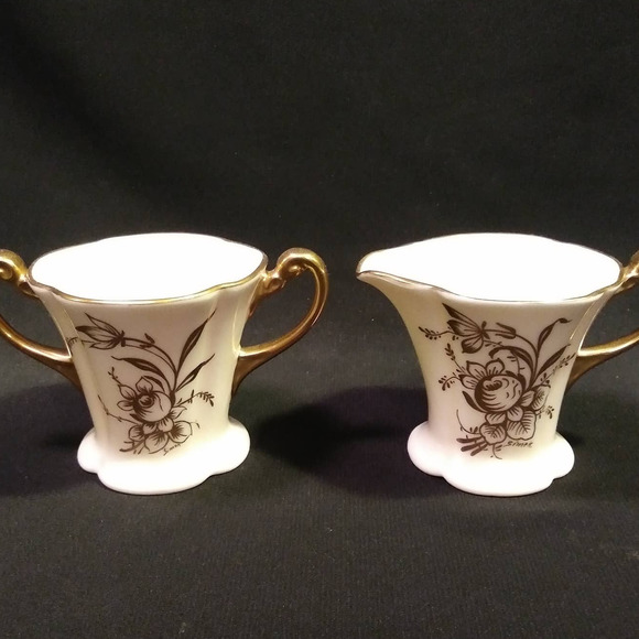 1930s Signed Pickard China 495/76 Sugar n Creamer Set Gold and Cream - Picture 2 of 10